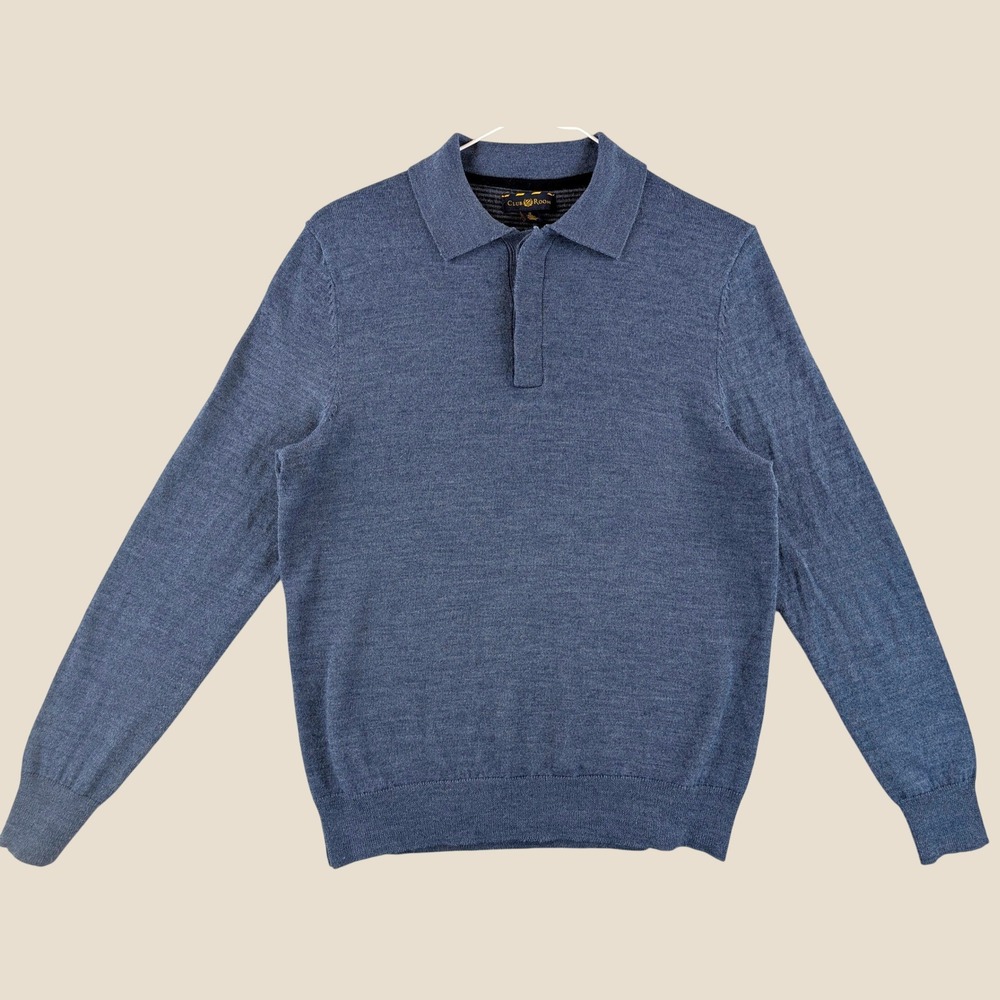 Club Room Mens Small Blue Merino Wool Blend Long Sleeve Polo Sweater Knit